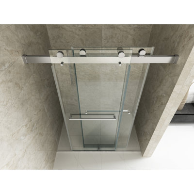 Porte de douche - 56 à 60 po x 76 po, verre trempé de 3/8 po, seuil anti-éclaboussures, option réversible, entretien facile H 76 po x l 10 mm, poignée de saut, ouverture et fermeture pratiques