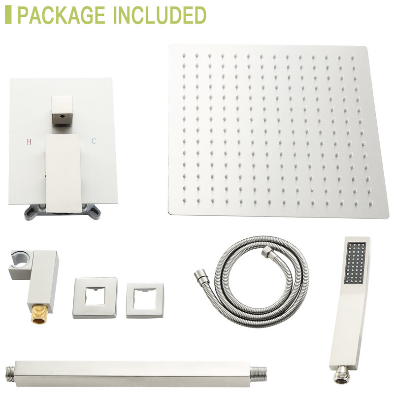 Système de douche à fixation au plafond 10 pouces - Nickel brossé à double tête carrée avec fonction et option de débit d'eau réglable