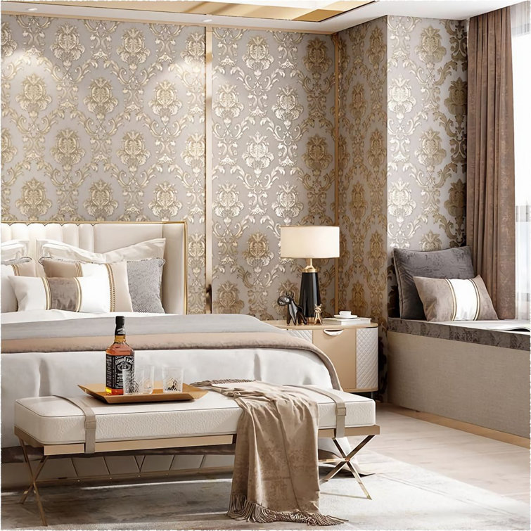 Deakyne Gold Textured Luxury Classic Damask Wallpaper Home Decor Wall Paper Roll House of Hampton
