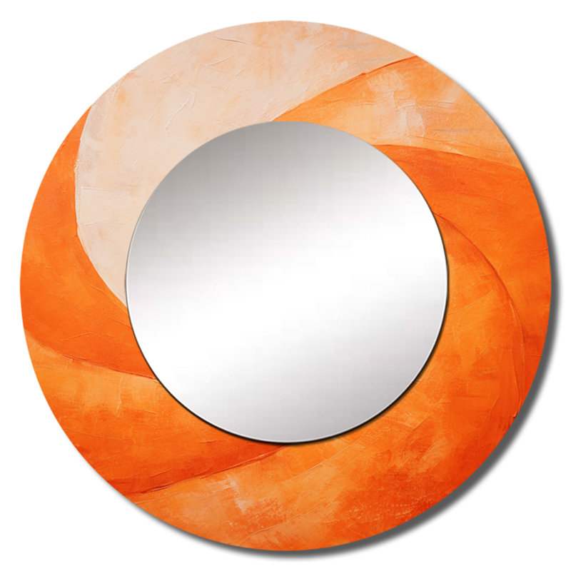Tangerine Twist Spriral I - miroir unique à spirales abstraites, grand miroir mural rond moderne, impression d'art en métal