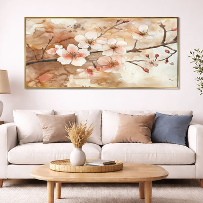 Art mural fleur de cerisier brun, toile florale, fleurs de cerisier avec aquarelle brun terreux