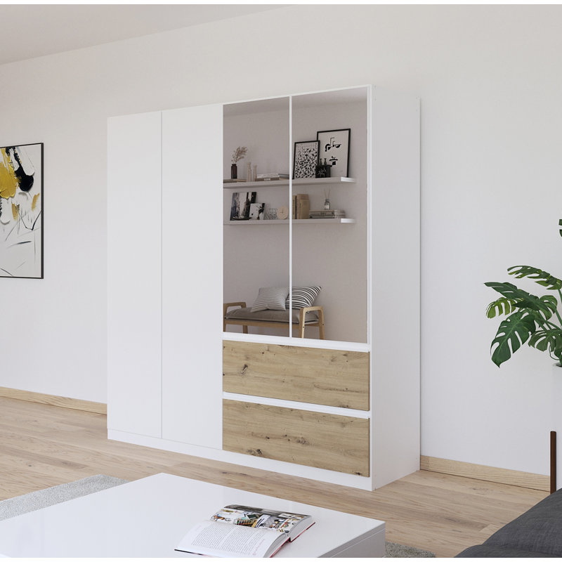 Wardrobe wardrobe COSTA hinged door wardrobe with push-to-open function, White/Oak Artisan, 197cm H x 181cm W x 54cm D