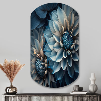 Dahlia Flowers Blue And White II - Dahlia Cylinder Shape Assymterical Metal Wall Art
