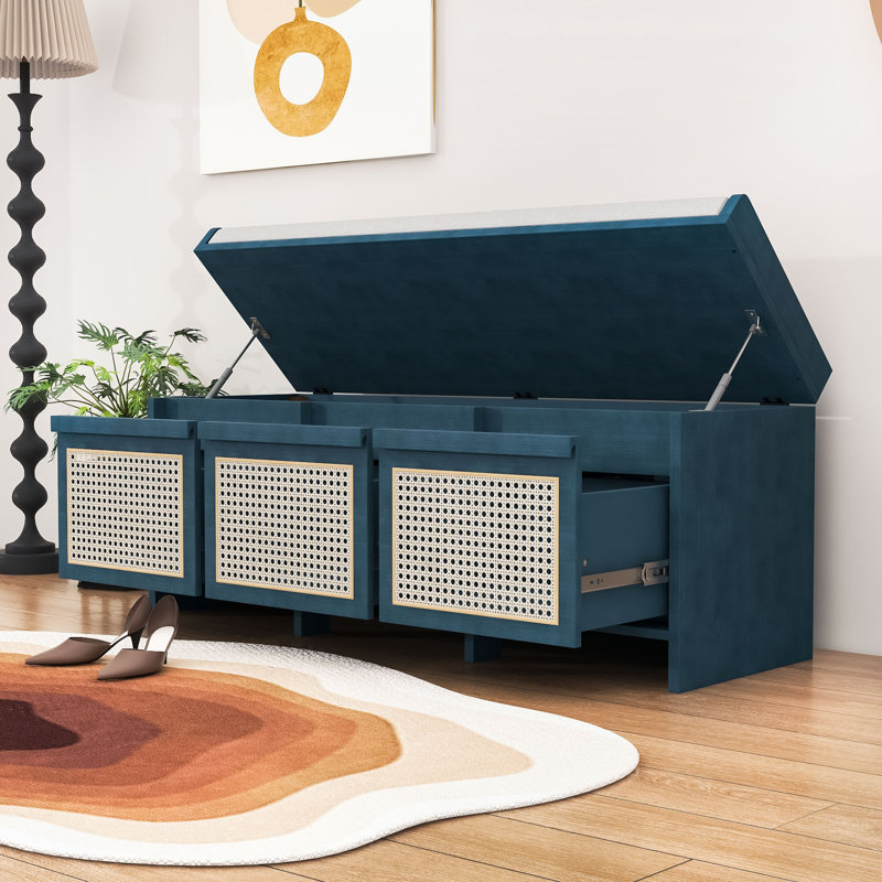 Banc de rangement pour hall d'entrée rétro avec 3 tiroirs en rotin, rangement dissimulé à plateau relevable et coussin rembourré amovible pour le couloir