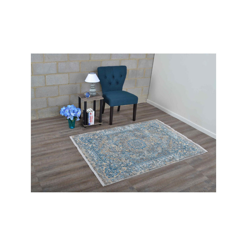 TAPIS BEIGE EN POLYESTER - Rectangle | Gris bleu | Conception orientale, tapis à faible épaisseur faits à la machine pour le salon, la chambre à coucher