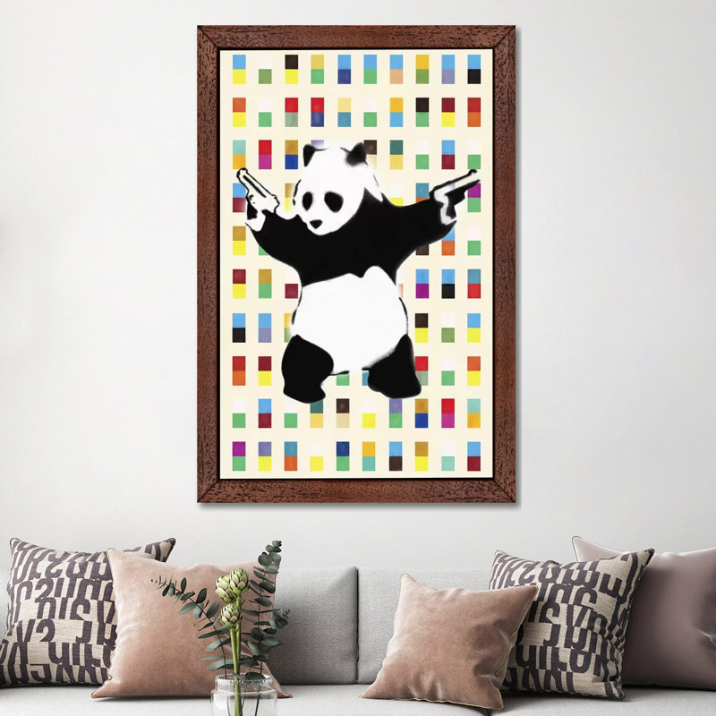Panda with Guns Bright Dots - Painting Print on Canvas, 66.04 cm H x 45.72 cm W, Brown Framed