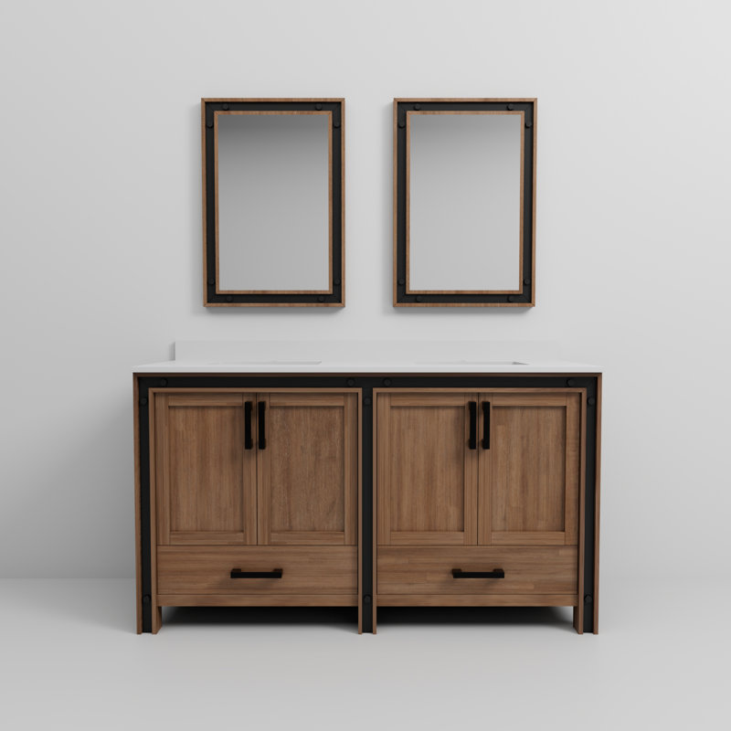 Ziva 60 in W x 22 in D Double Bath Vanity, White Top and 22 in Mirrors, Rustic Barnwood, White Cultured Marble