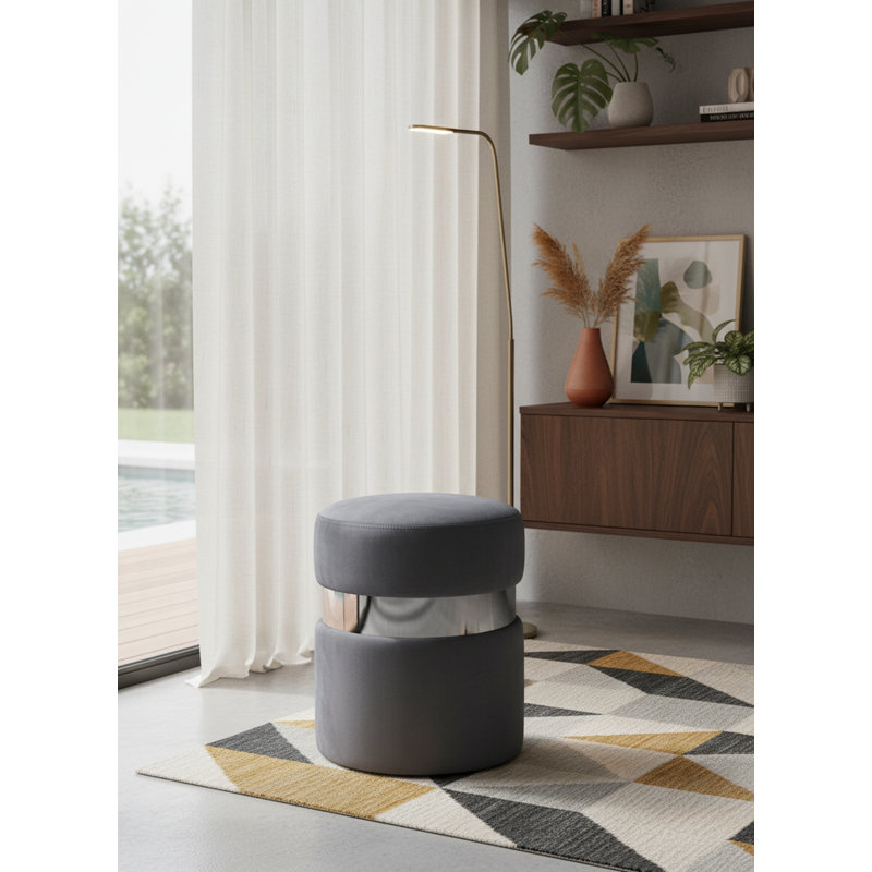 Hailey 14.5" Wide Velvet Round Cocktail Ottoman, Grey Velvet, Chrome