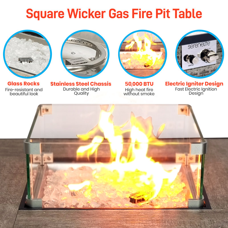 Square Wicker Propane Gas Fire Pit Table with Glass Guard