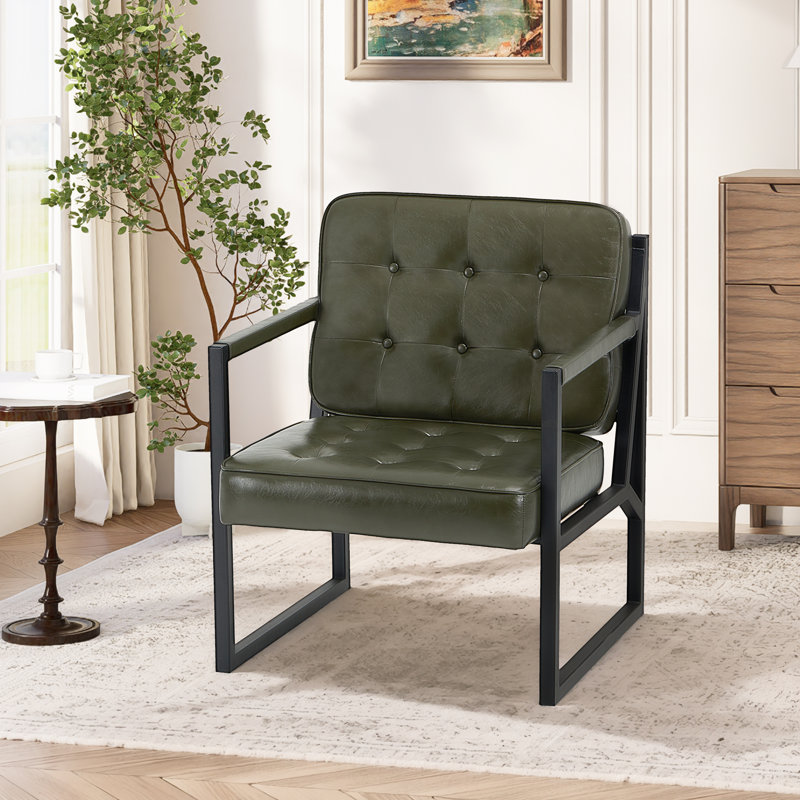 Modern Faux Leather button-tufted design Accent Chair with Metal Farme 110° Recline, Green Faux Leather