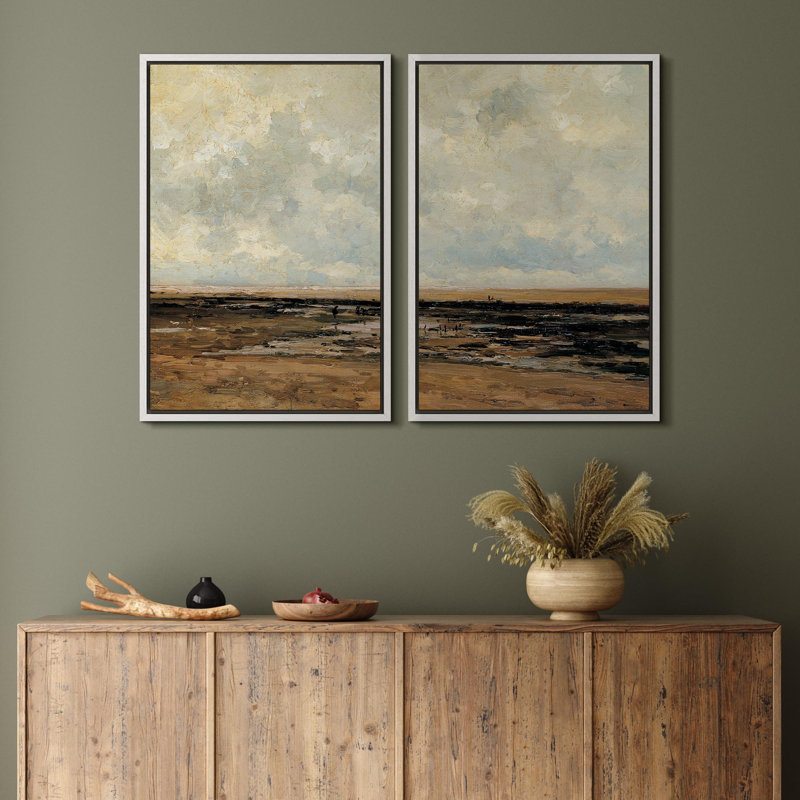 «Scène côtière impressionniste, ciel doré et mer tranquille, nature, illustration», 2 pièces, Cadre blanc, H 24 po x l 16 po