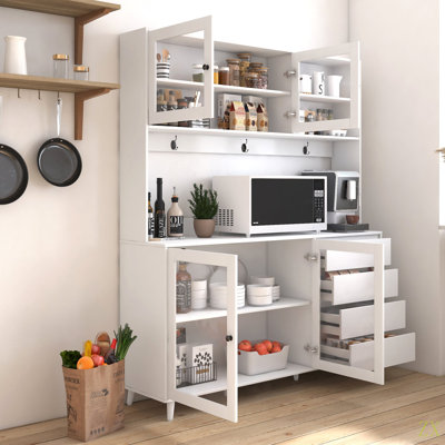 63" W Large Kitchen Hutch Cabinet, Freestanding Pantry Cabinets Storage Kitchen Cupboard With 4 Doors, 4 Drawers & Microwave Shelf
