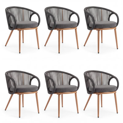 Ensemble de 6 chaises de jardin tressées en corde avec coussins, idéales pour terrasse, jardin et balcon.