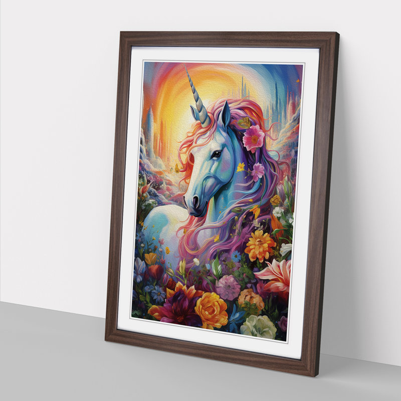 Unicorn Colour Field - Single Picture Frame Print on Wood, Walnut Framed, 64cm H x 46cm W