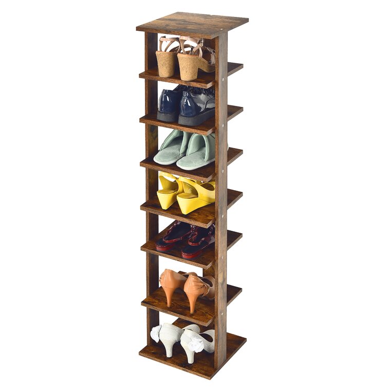 VASAGLE 7 Tier Vertical Shoe Rack, Narrow Shoe Storage Organizer with  Hooks, Slim Wooden Corner Shoe Tower Rack, Robust and Durable, Space Saving  for