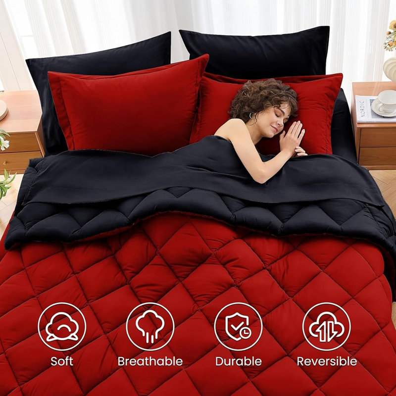 Ensemble d'édredon pour grand lit rouge et noir - lit réversible 7 pièces dans un sac avec édredon toutes saisons doux, draps, taies d'oreiller et taies décoratives