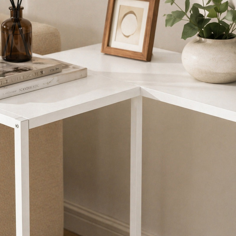Table d'appoint, console, entrée, étroit, d'angle, salon, chambre à coucher, stratifié blanc, métal blanc, contemporain, moderne