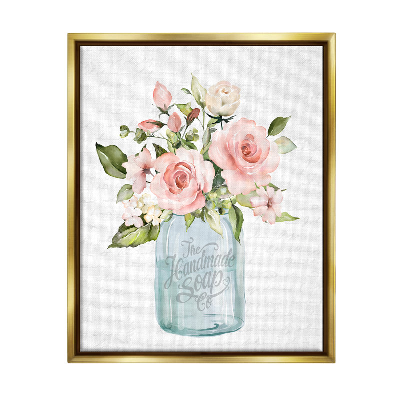 «Pink Rose Blooms Country Vase» à motifs par lettrage et doublure, L 17 po x H 21 po, Cadre flottant métallique doré