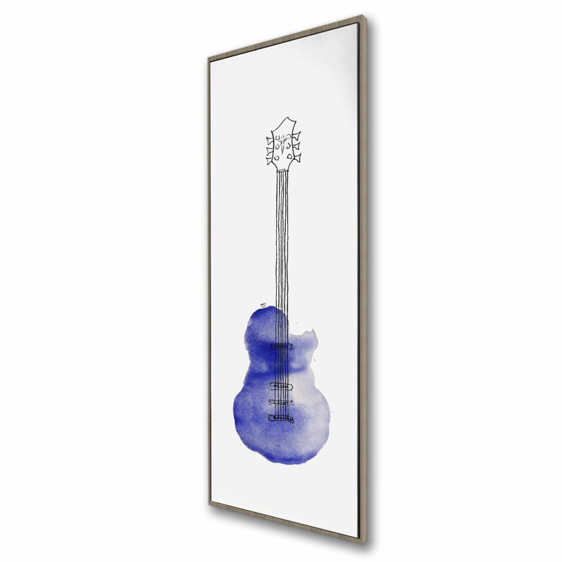 Toile bleue avec guitare rétro | Art musical encadré pour le salon, H 49,25 po x l 17,25 po