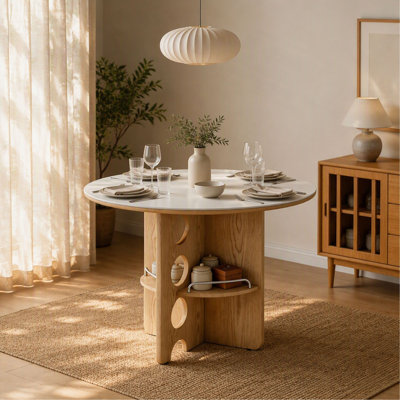 Table de salle à manger ronde en pierre frittée de style médiéval avec compartiments de rangement et pieds en MDF imitation bois. Parfait pour une salle à manger familiale de 2 à 4 personnes. Plateau double.
