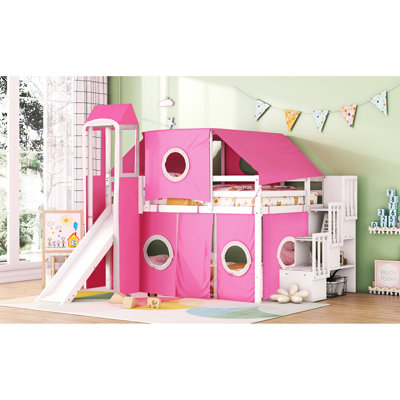 Lit mezzanine rose avec tente et tour. Fabriqué en bois de pin massif. Fenêtre design. Espace de rangement spacieux disponible. L 94,6 po x l 99,5 po x H 78,9 po. Matelas non inclus. Assemblage requis