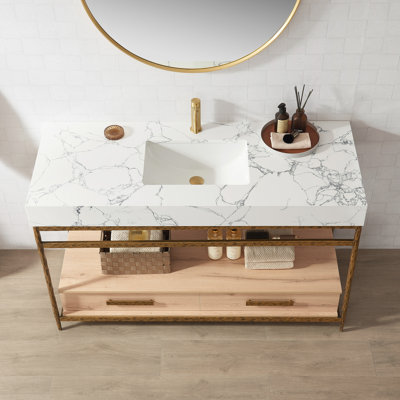 Driden 55" Single Bath Vanity in Yellow Bronze Metal Support with White Composite Stone Top