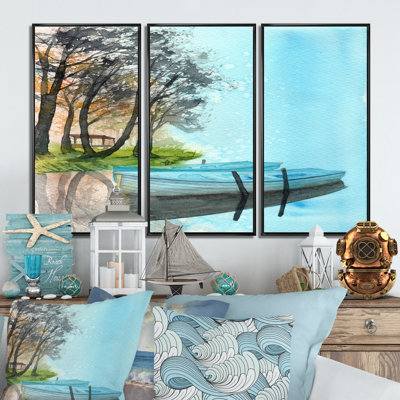 Deux bateaux de pêche bleus près de la côte verte avec des arbres - reproduction de cadre flottant sur toile 3 pièces