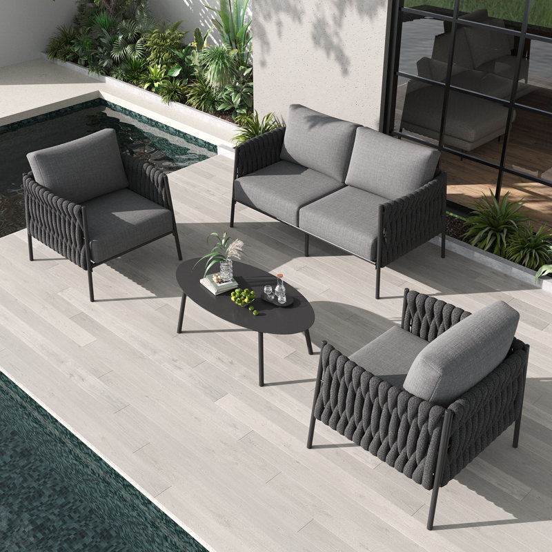 4 Piece Outdoor Furniture Set with Coffee Table, Modern Rope Woven Patio Conversation Sofa Set with Olefin Braid and Deep Seating
