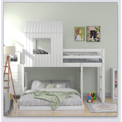 Wooden Twin Over Full Bunk Bed, Loft Bed With Playhouse, Farmhouse, Ladder And Guardrails