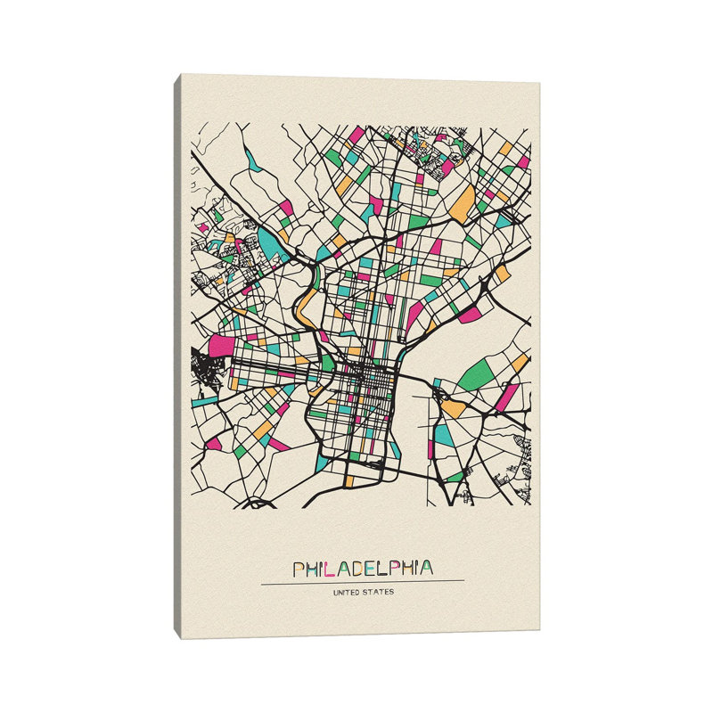 Philadelphia, Pennsylvania Map by Ayse Deniz Akerman - Wrapped Canvas Painting, 30.48 cm H x 45.72 cm W