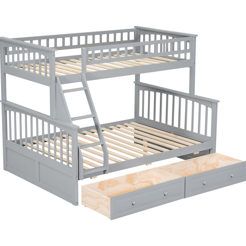Lit superposé simple au-dessus d'un lit double avec tiroirs, fonction convertible grise, pin et matériau, rails de sécurité en forme de clôture, projet de type assemblage facile
