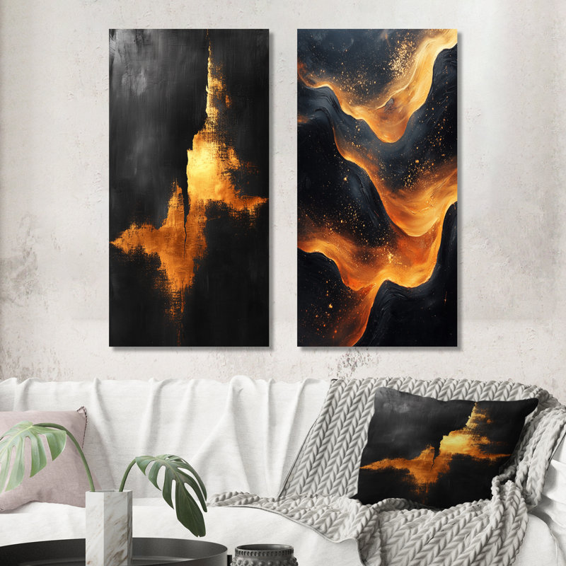 «Black and Gold Ethereal Dream I - Minimalisme», ensemble d'art mural 2 pièces, H 28 po x l 24 po, Toile tendue
