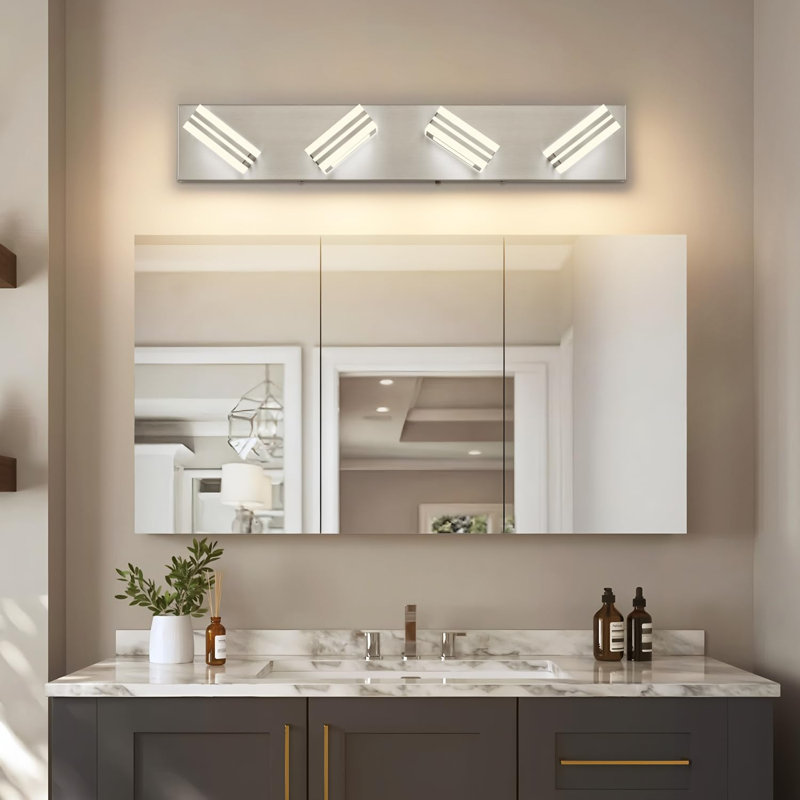 4-Light Brushed Nickel Dimmable LED Vanity Light, 26 in. with 5-Color Temperature Selectable, Rectangular Acrylic Shades, 4