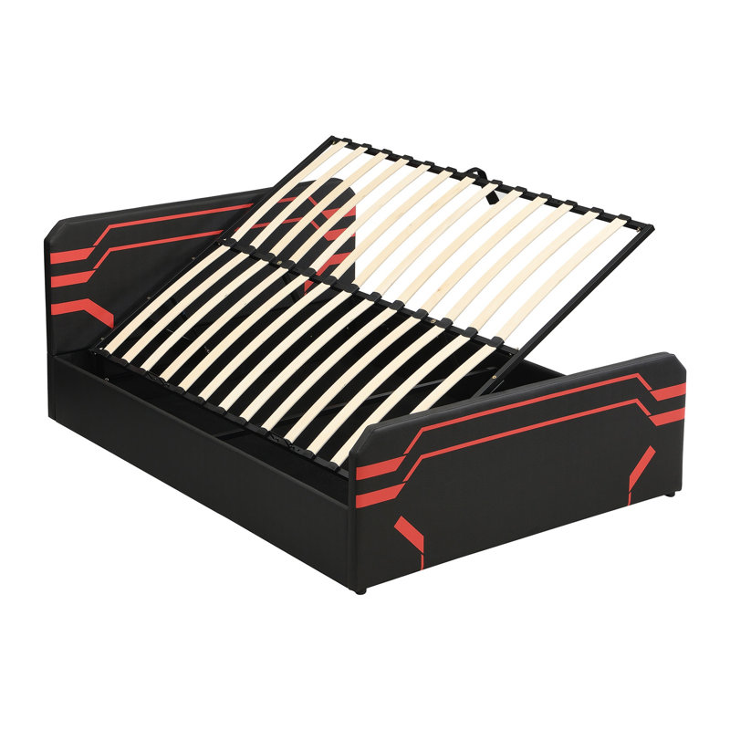 Grand lit de jeu rembourré avec système de rangement hydraulique à levage latéral, lit plateforme de style Cyberpunk avec motif futuriste pour les joueurs et la génération Z, noir et rouge