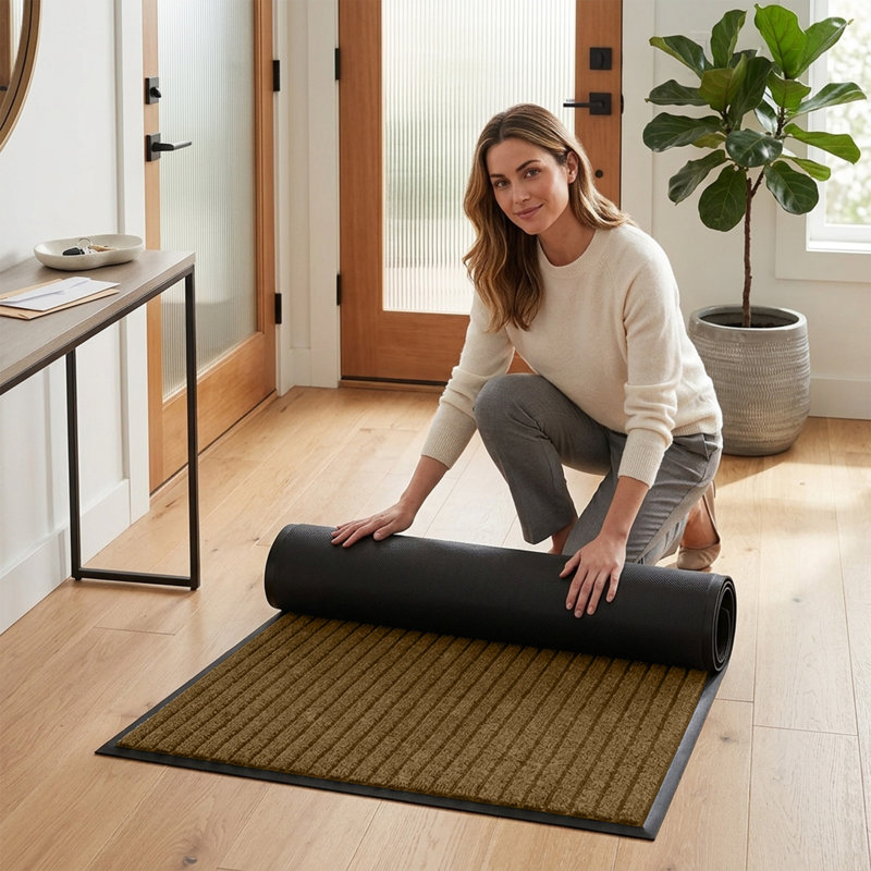 NON-SLIP RUBBER DOOR MAT - INDOOR/OUTDOOR USE, Brown, 60cm W x 90cm L