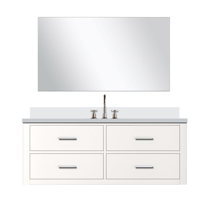 Meuble-lavabo simple blanc 48 po X P 22 po D, comptoir en quartz blanc, 43 po Ensemble miroir et robinet, Blanc