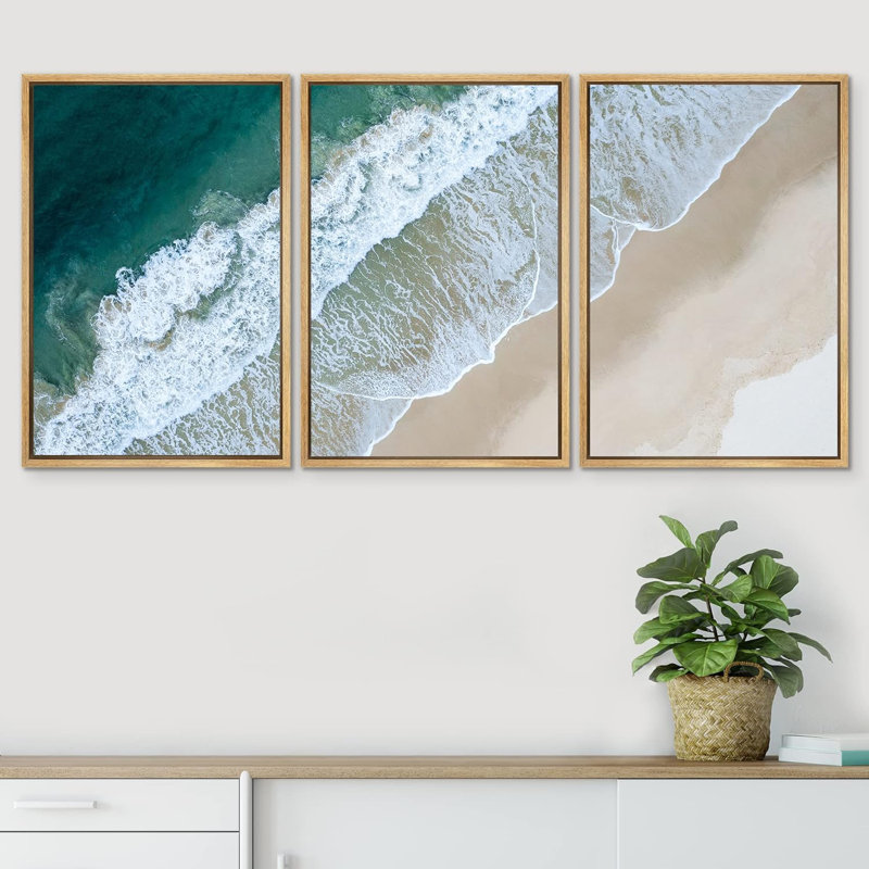 «Coastal Beach» IDÉE4WALL, reproduction d'art sur toile encadrée, vue aérienne, vague océanique, plage tropicale, nature, photographie, réalisme, décorative, rustique, chic pour le salon, la chambre à coucher, le bureau, reproduction sur toile, 3
