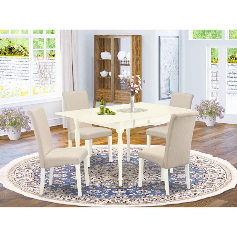 Cet ensemble de salle à manger 5 pièces comprend une table de salle à manger rectangulaire avec Dropleaf et 4 chaises Parson rembourrées en lin crème, blanc lin