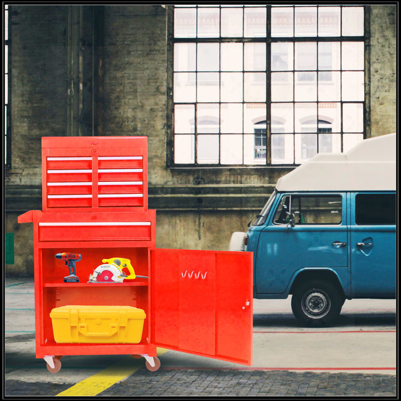 Commode à outils amovible 5 tiroirs avec armoire inférieure et une tablette réglable, Rouge