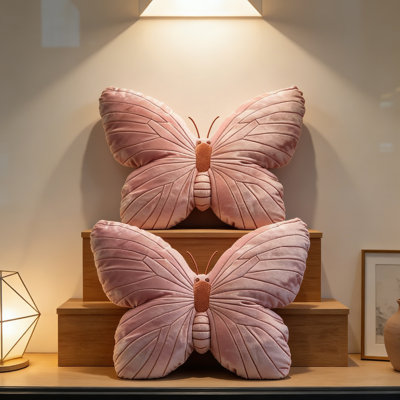 Coussin décoratif en forme de papillon 2 pièces - Coussin décoratif en velours rose moelleux pour canapé, lit, salon - Coussin de siège rembourré pour adultes et enfants, lavable à la machine