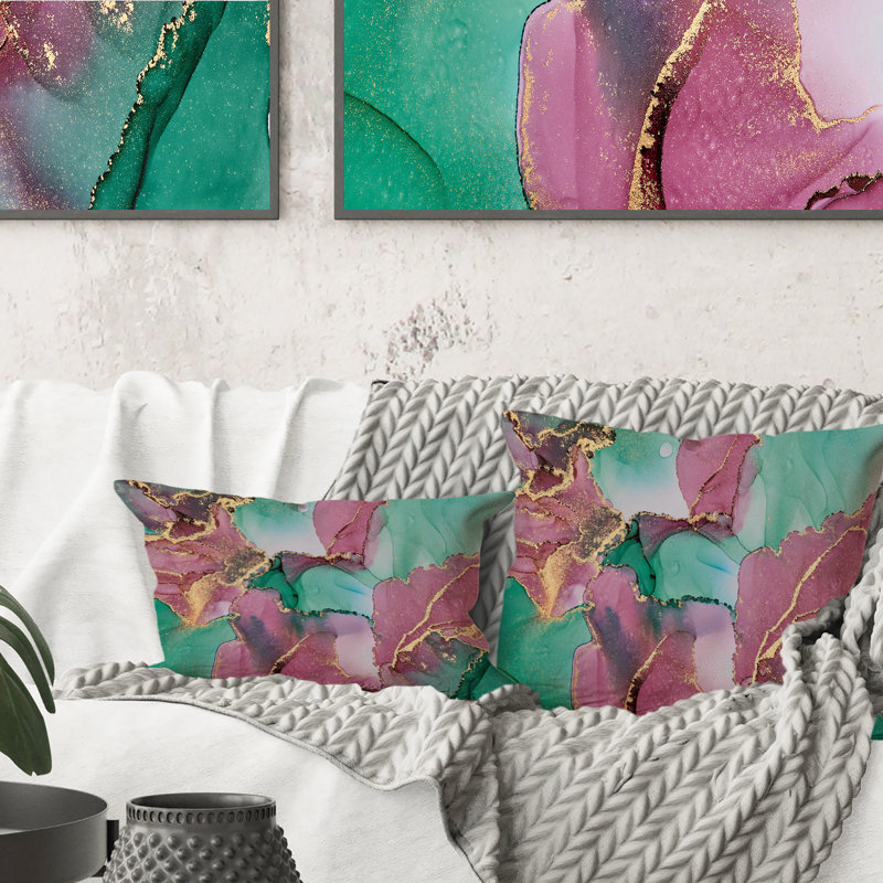 Mauve et vert luxueux abstrait Art fluide II - Coussin décoratif imprimé moderne, 16 po x 16 po