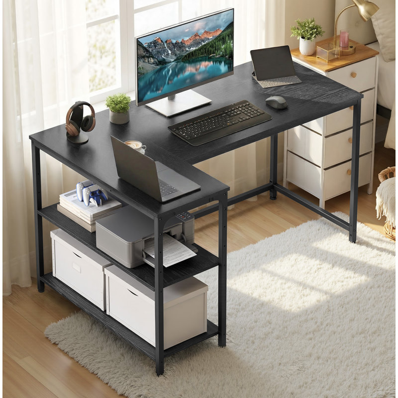 Corner Computer Desk With Adjustable Storage Shelves, L Shaped Gaming Table For Office, Black, 76cm H x 120cm W x 80cm D