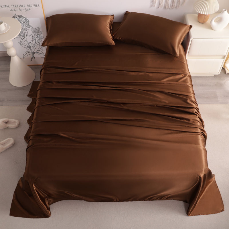 Ensemble de draps en satin 4 pièces Luxury, Couvre-lit double + 4 pièces supplémentaires, Brun