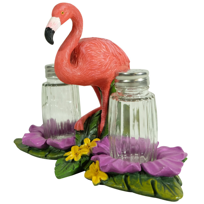 Tropical Pink Flamingo Glass Salt and Pepper Shaker Holder Set