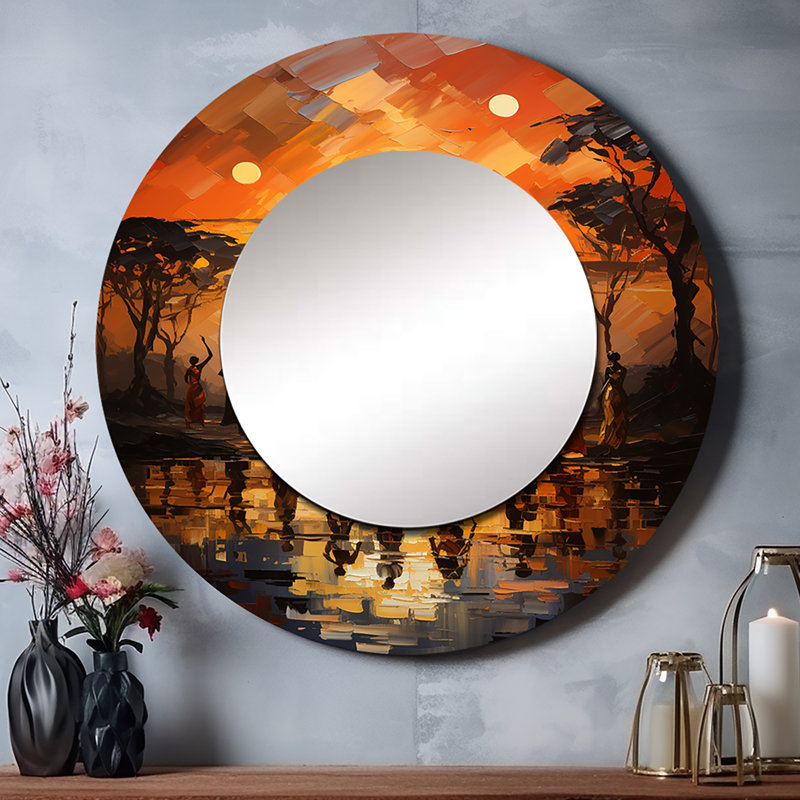 African Savannah Melody II - African Art Mirror, Global Round Decorative Wall Mirror, Printed Metal Art, 23" x 23"