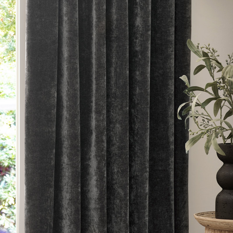Heavy Chenille Room Darkening Pencil Pleat Curtains, 117 W x 137 D cm, Charcoal
