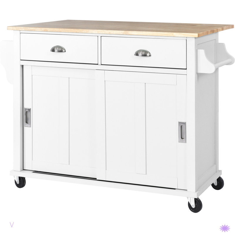 Buccigross 52.2'' Wide Rolling,with Rubber wood Drop-Leaf Countertop, Concealed sliding barn door adjustable height,Kitchen Island on 4 Wheels with Storage Cabinet and 2 Drawers,island,coffee cart
