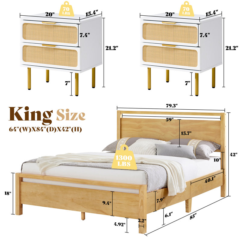 3-piece Boho Rattan Design Bedroom Set Includes King Soild Wood Bed & 2 Nightstands, King