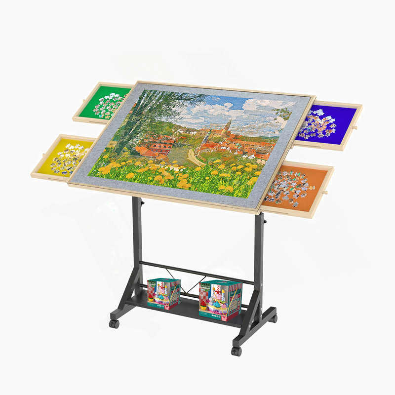 Wooden 1500 Piece Puzzle Table with Drawer, 35"*27.17" Adjustable Puzzle Table, 360° Tilting Puzzle Table with Legs and Wheels, Rolling Puzzle Table, Adjustable Height and Angle, with Protective Cover