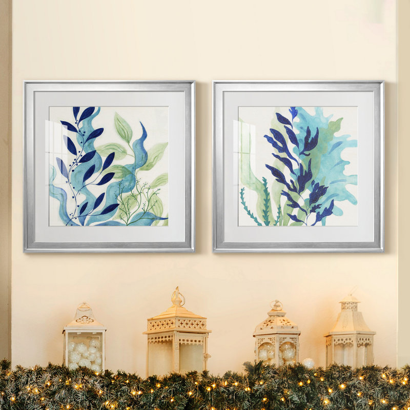 Blue Coral I - ensemble de 2 peintures, Impression encadrée avec passe-partout, H 17,5 po x l 35 po, Silver